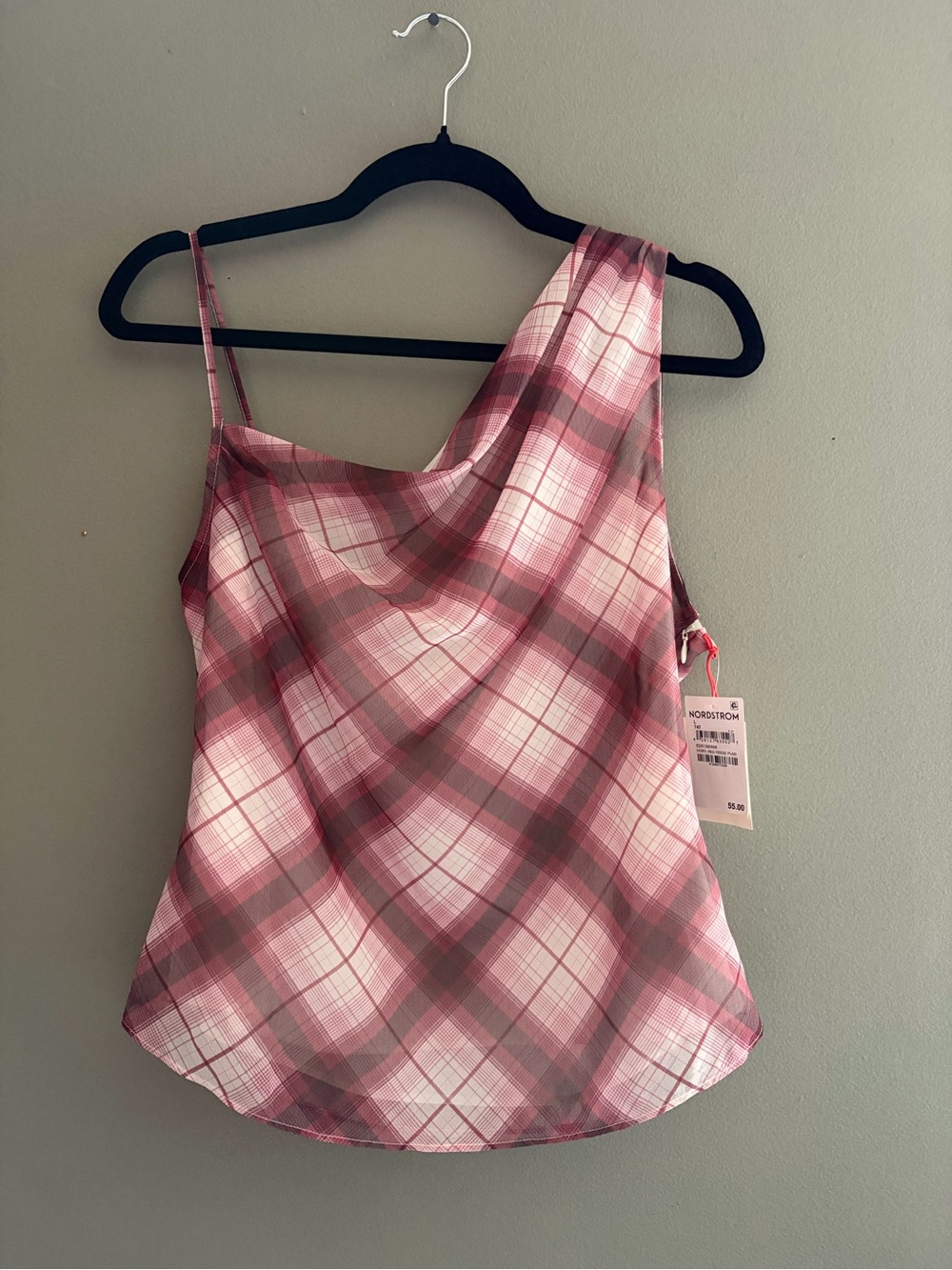 Open Edit Nordstrom Pink Plaid Asymmetric Sleeveless Cowl Neck Tank Top NWT